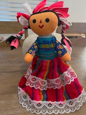 Handmade Mexican Rag Doll - Pink Multicolor Traditional Dress
